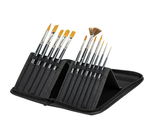 Кисти художественные набор 12 шт. в черном пенале, синтетика, BRAUBERG ART CLASSIC, № 0-14 + веерная, 200966