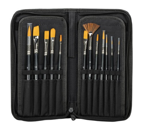Кисти художественные набор 12 шт. в черном пенале, синтетика, BRAUBERG ART CLASSIC, № 0-14 + веерная, 200966