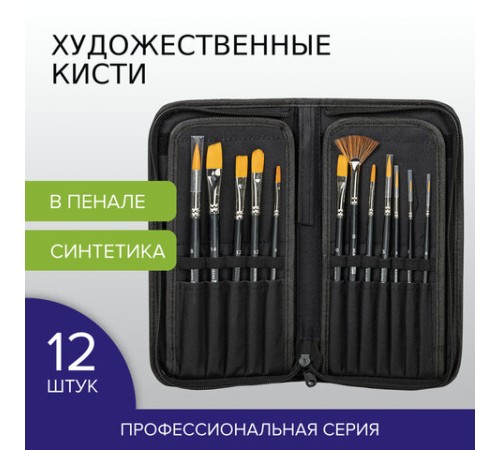 Кисти художественные набор 12 шт. в черном пенале, синтетика, BRAUBERG ART CLASSIC, № 0-14 + веерная, 200966