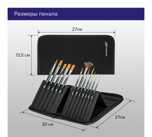 Кисти художественные набор 12 шт. в черном пенале, синтетика, BRAUBERG ART CLASSIC, № 0-14 + веерная, 200966