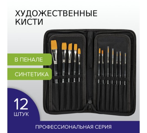 Кисти художественные набор 12 шт. в черном пенале, синтетика, BRAUBERG ART CLASSIC, № 0-20, 200967