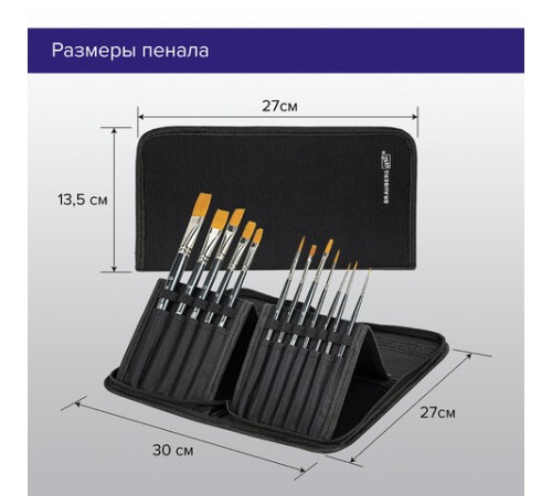 Кисти художественные набор 12 шт. в черном пенале, синтетика, BRAUBERG ART CLASSIC, № 0-20, 200967