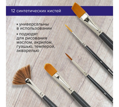 Кисти художественные набор 12 шт., в черной скрутке, синтетика, BRAUBERG ART CLASSIC, № 1-14 + веерная, 200968