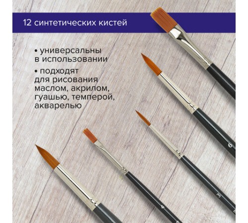 Кисти художественные набор 12 шт., в черной скрутке, синтетика, BRAUBERG ART CLASSIC, № 0-14, 200969