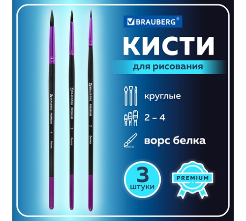 Кисти BRAUBERG PREMIUM, набор 3 шт. (беличьи круглые № 2, 3, 4), блистер, 201020