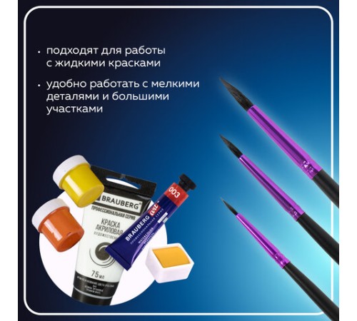 Кисти BRAUBERG PREMIUM, набор 3 шт. (беличьи круглые № 2, 3, 4), блистер, 201020
