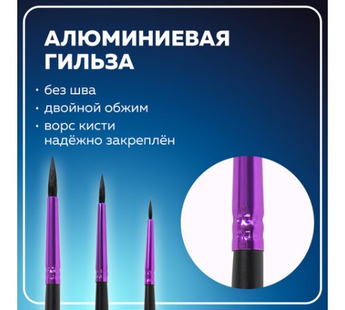 Кисти BRAUBERG PREMIUM, набор 3 шт. (беличьи круглые № 2, 3, 4), блистер, 201020