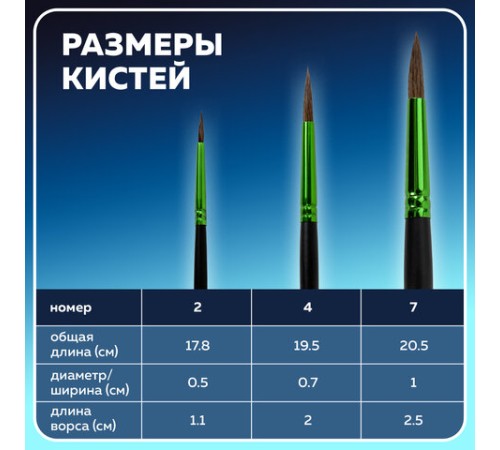 Кисти BRAUBERG PREMIUM, набор 3 шт. (из ворса пони круглые № 2, 4, 7), блистер, 201021