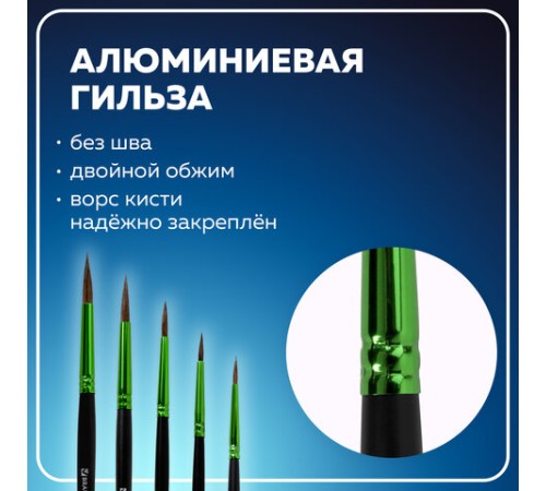 Кисти BRAUBERG PREMIUM, набор 5 шт. (из ворса пони круглые № 1, 2, 3, 4, 5), блистер, 201022