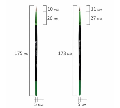 Кисти BRAUBERG PREMIUM, набор 5 шт. (из ворса пони круглые № 1, 2, 3, 4, 5), блистер, 201022