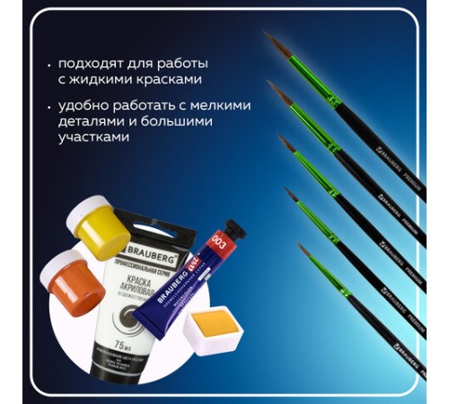 Кисти BRAUBERG PREMIUM, набор 5 шт. (из ворса пони круглые № 1, 2, 3, 4, 5), блистер, 201022