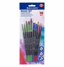 Кисти BRAUBERG PREMIUM, набор 10 шт. (круглые пони - 5 шт., синтетика - 3 шт., плоские щетина - 2 шт.), блистер, 201023
