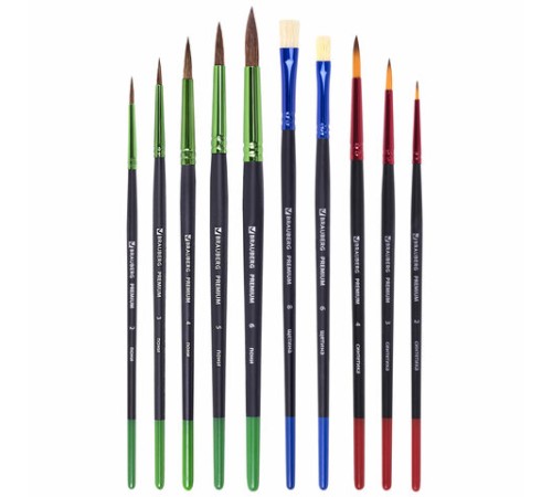 Кисти BRAUBERG PREMIUM, набор 10 шт. (круглые пони - 5 шт., синтетика - 3 шт., плоские щетина - 2 шт.), блистер, 201023