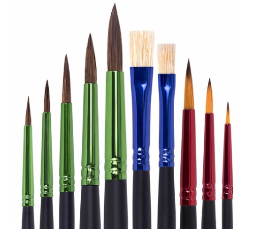 Кисти BRAUBERG PREMIUM, набор 10 шт. (круглые пони - 5 шт., синтетика - 3 шт., плоские щетина - 2 шт.), блистер, 201023