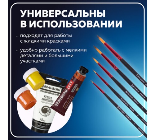 Кисти BRAUBERG PREMIUM, набор 5 шт. (синтетика, круглая № 1, 2, 3, 4, 5), блистер, 201025