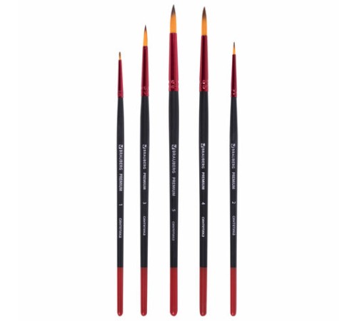 Кисти BRAUBERG PREMIUM, набор 5 шт. (синтетика, круглая № 1, 2, 3, 4, 5), блистер, 201025