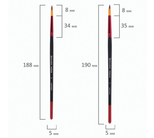 Кисти BRAUBERG PREMIUM, набор 5 шт. (синтетика, круглая № 1, 2, 3, 4, 5), блистер, 201025