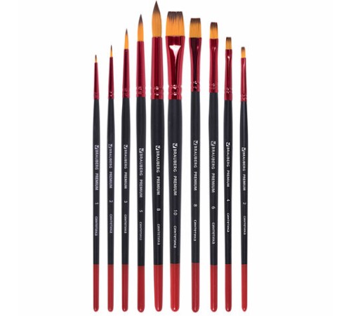 Кисти BRAUBERG PREMIUM, набор 10 шт. (синтетика, круглые № 1, 2, 3, 5, 8, плоские № 2, 4, 6, 8, 10), 201027