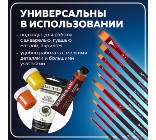 Кисти BRAUBERG PREMIUM, набор 10 шт. (синтетика, круглые № 1, 2, 3, 5, 8, плоские № 2, 4, 6, 8, 10), 201027