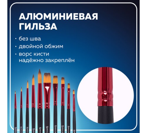 Кисти BRAUBERG PREMIUM, набор 10 шт. (синтетика, круглые № 1, 2, 3, 5, 8, плоские № 2, 4, 6, 8, 10), 201027