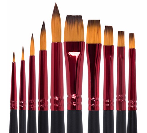 Кисти BRAUBERG PREMIUM, набор 10 шт. (синтетика, круглые № 1, 2, 3, 5, 8, плоские № 2, 4, 6, 8, 10), 201027