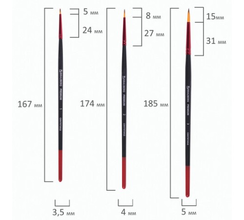 Кисти BRAUBERG PREMIUM, набор 10 шт. (синтетика, круглые № 1, 2, 3, 5, 8, плоские № 2, 4, 6, 8, 10), 201027