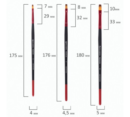 Кисти BRAUBERG PREMIUM, набор 10 шт. (синтетика, круглые № 1, 2, 3, 5, 8, плоские № 2, 4, 6, 8, 10), 201027