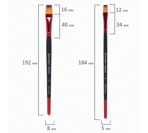 Кисти BRAUBERG PREMIUM, набор 10 шт. (синтетика, круглые № 1, 2, 3, 5, 8, плоские № 2, 4, 6, 8, 10), 201027