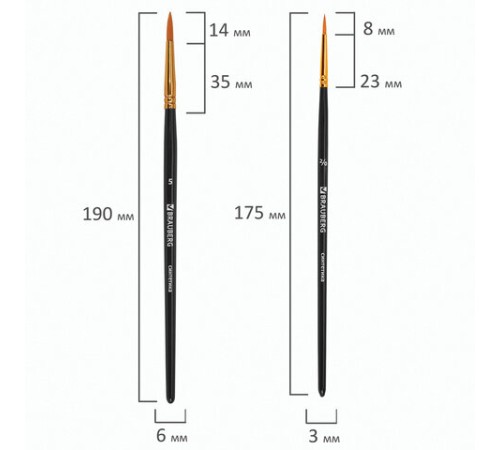 Кисти синтетика BRAUBERG, НАБОР 10 шт., черные (Круглые; Овальные; Плоские; Лайнеры), 201028