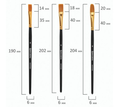 Кисти синтетика BRAUBERG, НАБОР 10 шт., черные (Круглые; Овальные; Плоские; Лайнеры), 201028