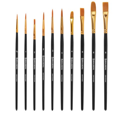 Кисти синтетика BRAUBERG, НАБОР 10 шт., черные (Круглые; Овальные; Плоские; Лайнеры), 201028