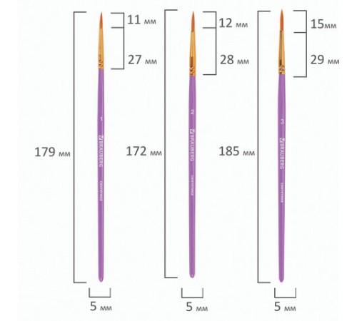 Кисти синтетика BRAUBERG, НАБОР 10 шт., фиолетовые (Круглые; Овальные; Плоские; Лайнеры), 201029