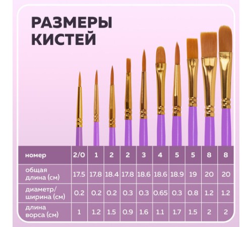 Кисти синтетика BRAUBERG, НАБОР 10 шт., фиолетовые (Круглые; Овальные; Плоские; Лайнеры), 201029