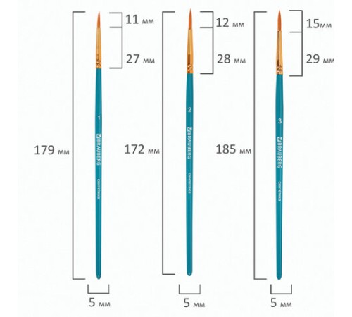 Кисти синтетика BRAUBERG, НАБОР 10 шт., синие (Круглые; Овальные; Плоские; Лайнеры), 201030
