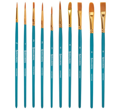 Кисти синтетика BRAUBERG, НАБОР 10 шт., синие (Круглые; Овальные; Плоские; Лайнеры), 201030