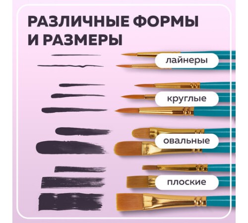 Кисти синтетика BRAUBERG, НАБОР 10 шт., синие (Круглые; Овальные; Плоские; Лайнеры), 201030