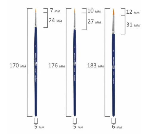 Кисти художественные набор 3 шт., синтетика (круглые № 1, 2,3), BRAUBERG ART DEBUT, 201041