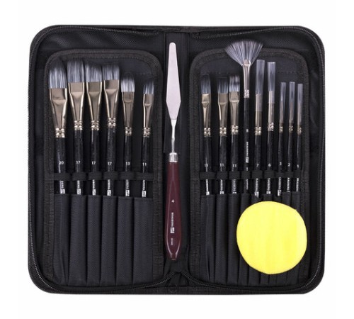 Кисти художественные набор 15 шт. + мастихин, в пенале, черные, синтетика, BRAUBERG ART DEBUT, 201043