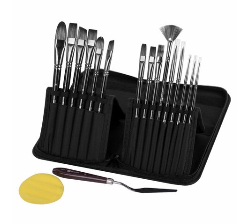 Кисти художественные набор 15 шт. + мастихин, в пенале, черные, синтетика, BRAUBERG ART DEBUT, 201043