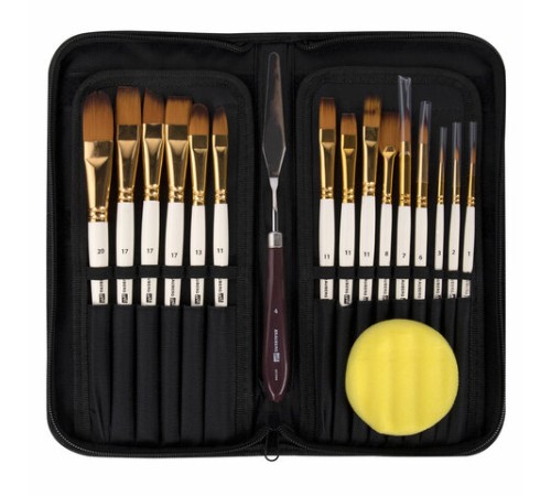 Кисти художественные набор 15 шт. + мастихин в пенале, белые, синтетика, BRAUBERG ART DEBUT, 201044