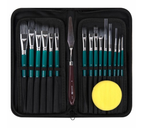 Кисти художественные набор 15 шт.+мастихин, в пенале, изумрудные, синтетика, BRAUBERG ART DEBUT, 201045