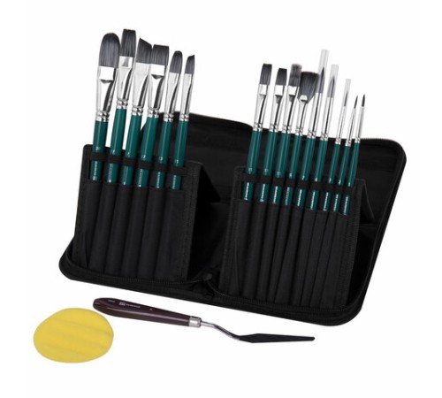 Кисти художественные набор 15 шт.+мастихин, в пенале, изумрудные, синтетика, BRAUBERG ART DEBUT, 201045