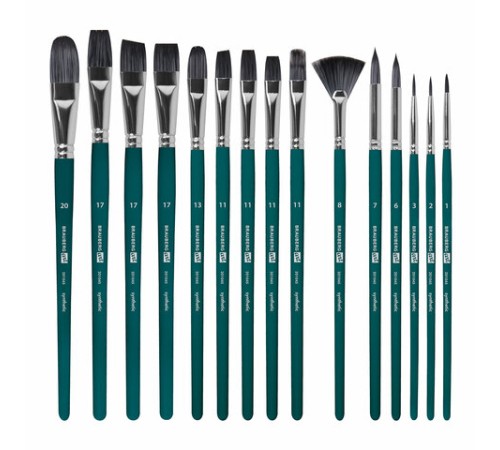 Кисти художественные набор 15 шт.+мастихин, в пенале, изумрудные, синтетика, BRAUBERG ART DEBUT, 201045
