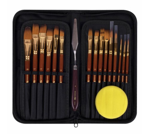 Кисти художественные набор 15 шт. + мастихин в пенале, коричневые, синтетика, BRAUBERG ART DEBUT, 201046