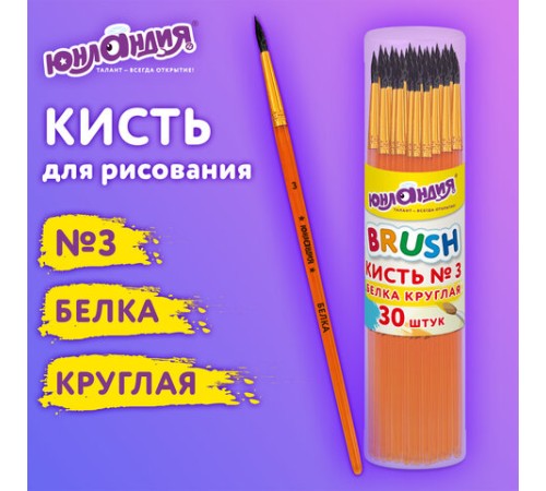 Кисть БЕЛКА, круглая, № 3, цветная ручка, ЮНЛАНДИЯ, 201054
