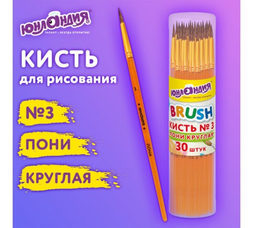 Кисть ПОНИ, круглая, № 3, цветная ручка, ЮНЛАНДИЯ, 201062