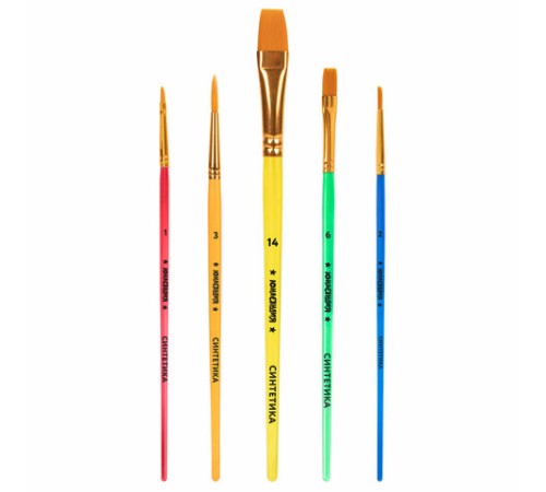 Кисти СИНТЕТИКА набор 5 шт. (круглая 3, плоская 2, 6, 14, овальная 1), блистер, ЮНЛАНДИЯ, 201069