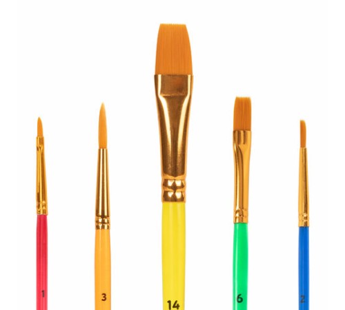 Кисти СИНТЕТИКА набор 5 шт. (круглая 3, плоская 2, 6, 14, овальная 1), блистер, ЮНЛАНДИЯ, 201069