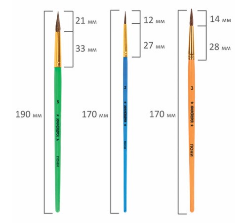 Кисти ПОНИ, БЕЛКА набор 5 шт. (пони круглые 2, 3, 5 белка круглые 6, 8) блистер, ЮНЛАНДИЯ, 201070