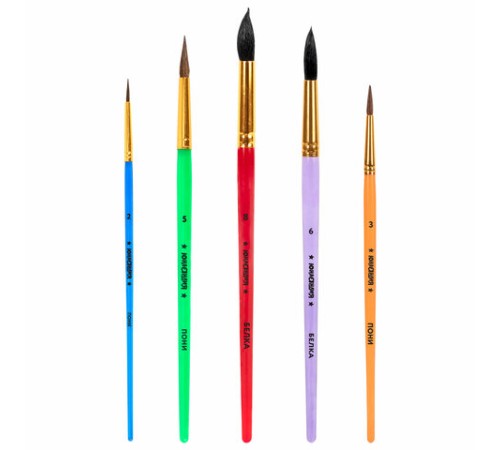 Кисти ПОНИ, БЕЛКА набор 5 шт. (пони круглые 2, 3, 5 белка круглые 6, 8) блистер, ЮНЛАНДИЯ, 201070